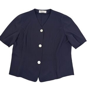 Vintage Womens Navy Blue V-Neck Short Sleeve Button Front